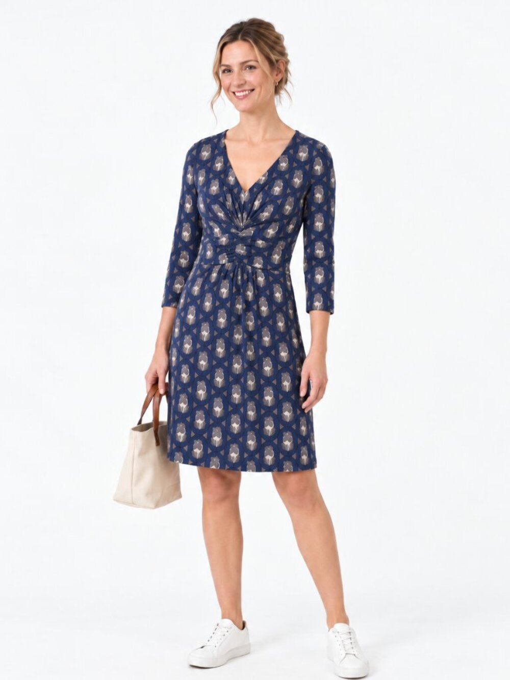 Boden Ruth Faux Wrap Midi Dress Blue Geometric Print Size 6